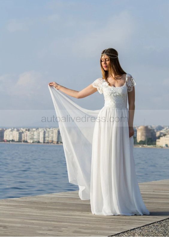 Cap Sleeves Ivory Lace Chiffon Modern Boho Wedding Dress